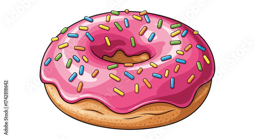 Delicious pink frosted donut with colorful sprinkles, perfect for a sweet treat craving indulgence