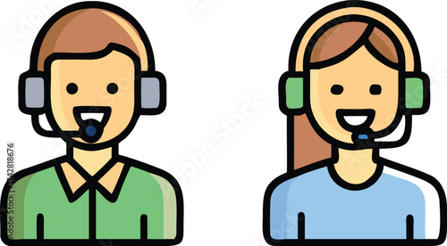 Cheerful man and woman wearing headset smile, icons representing customer service or telemarketing