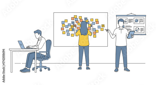 Dynamic team brainstorming innovative ideas on whiteboard for business strategy success and planning