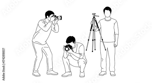 Creative photographers capturing moments with cameras and tripod setup, perfect for lifestyle content