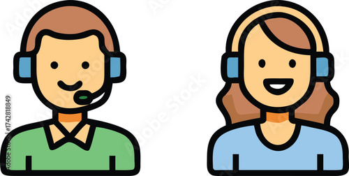 Two avatars with headphones depict a smiling man and woman with a clean outline
