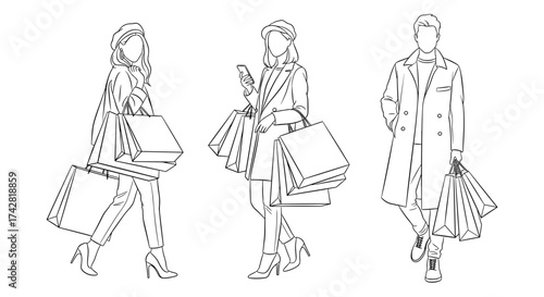 Stylish shoppers strut with bags, a chic fashion statement perfect for retail marketing campaigns