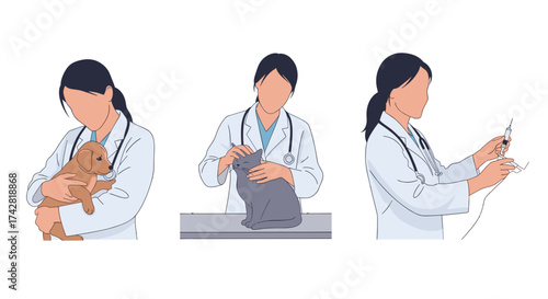 Caring veterinarian examining cat, puppy and preparing injection, pets health and wellness