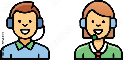 Male and female cartoon operators wearing headsets are ready to assist callers today