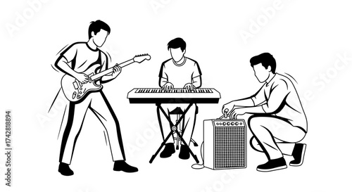 Dynamic band performing energetic rock music live, electrifying performance, musical group on stage