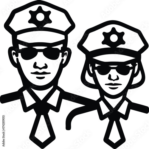 A monochrome man and woman in uniform wearing sunglasses stare sternly forward