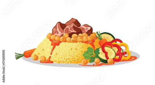 A flavorful couscous dish with tender meat, vibrant vegetables, and a hint of chickpeas, perfect for a healthy and delicious meal
