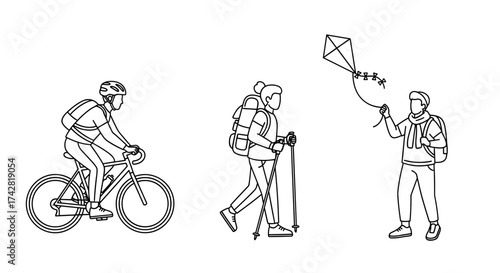 Active lifestyle line art showing cyclist, hiker and kite flyer for outdoor adventures and wellness