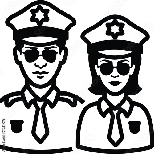 Two serious police officer icons wearing sunglasses, hats with star badges, and neckties