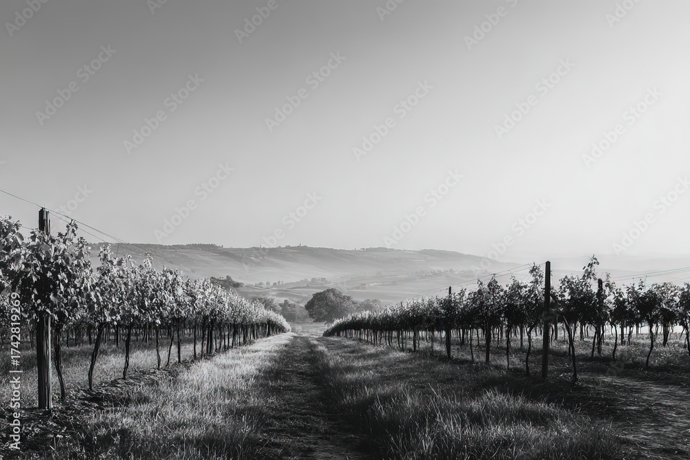 Obraz premium Dramatic Black and White Vineyard with Rolling Hills and Morning Mist