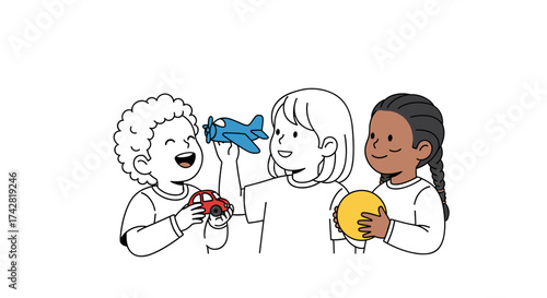 Happy kids playfully sharing toys, fostering friendship and imaginative playtime together for childhood joy