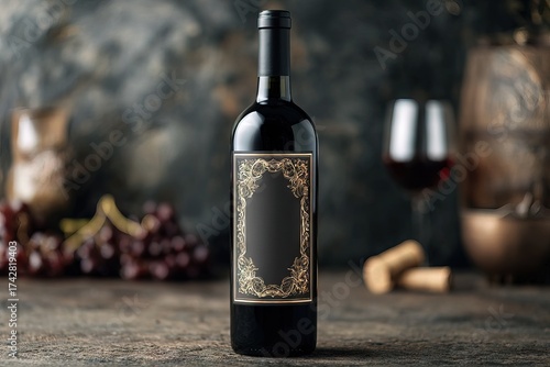 Elegant Wine Bottle with a Black and Gold Ornate Label in a Rustic Setting