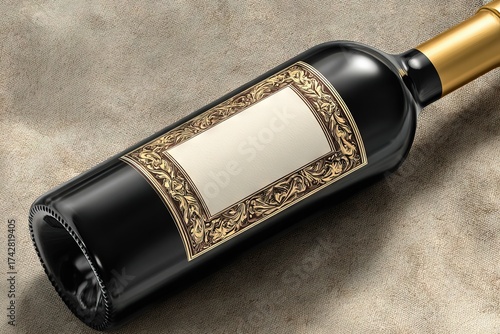 Sunlit Wine Bottle with an Elegant Gold-Framed Label Mockup on Linen