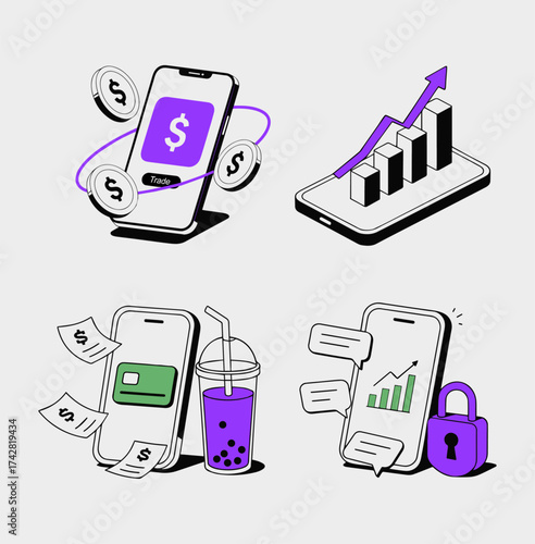 Modern fintech vector illustration showing mobile trading, secure transactions, digital payments, and investment growth. Minimalist 3D smartphone icons in purple and green tones.