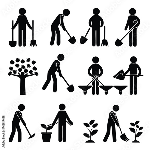 Pictogram set showing people gardening, planting trees, and moving soil using various tools