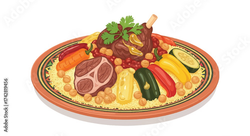 Delicious and hearty illustration of a traditional North African couscous dish, brimming with tender lamb, vibrant vegetables, and wholesome chickpeas, perfect for a fulfilling meal