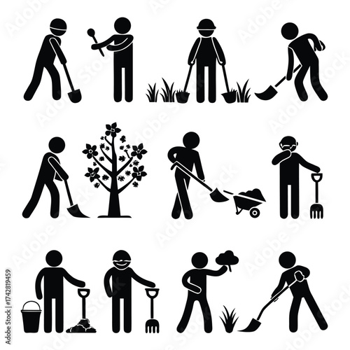 Black pictogram figures illustrate people engaging in various garden activities, showing plants and gardening tools