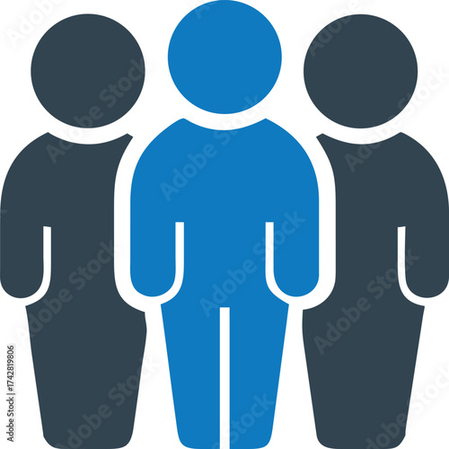 Three stylized people stand together with the center figure colored in bright blue