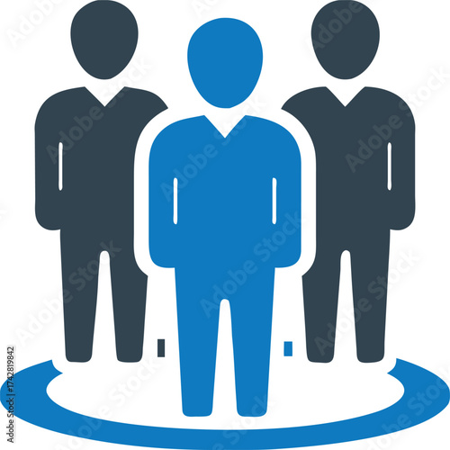Three faceless figures are standing, showing teamwork and collaboration on a shared platform