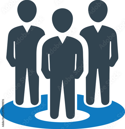 Teamwork features three faceless navy figures standing united on a blue platform, symbolizing collaboration