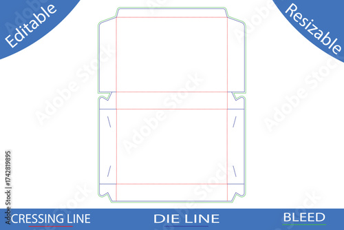 Rectangular box die cut template with folding lines and bleed