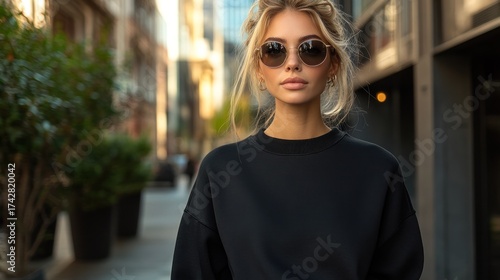 Stylish woman in black sweatshirt