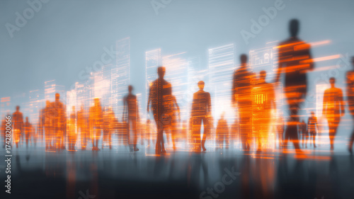 Digital silhouettes overlaid with dynamic data blocks depicting workforce analytics, organizational intelligence and real time human capital insights for strategic decision making.
