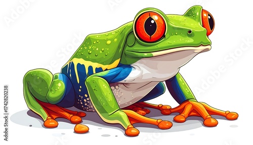 Vivid illustration of a red-eyed tree frog, posed against a white background