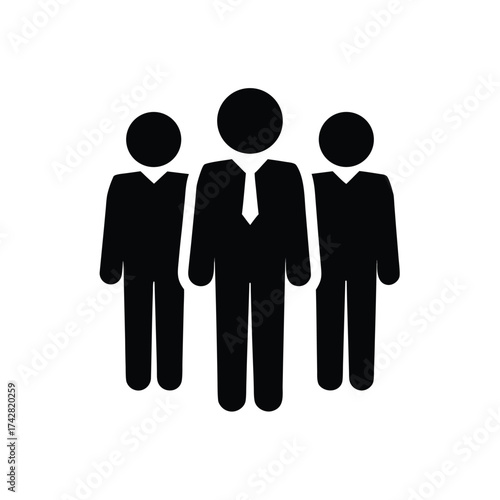 Group of black silhouette people with one wearing a tie stands together attentively