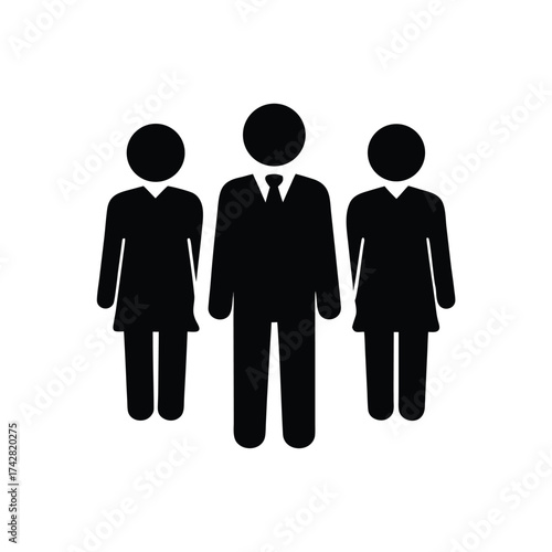 Three black figures include a suited businessman and two women stand together