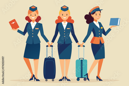 Smiling multiracial stewardesses with suitcases hold hands and display documents while wearing uniforms