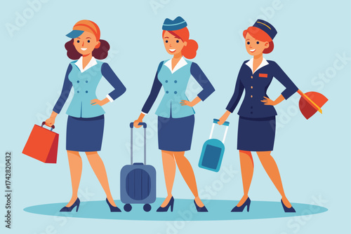 Three redhaired stewardesses wear blue uniforms and hats while carrying bags on a light blue background