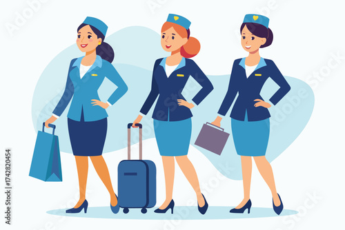 Three cheerful stewardesses wearing uniform standing and holding luggage for flight departure