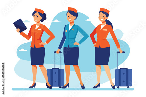 Three air hostesses in uniform walk with luggage in an airline terminal