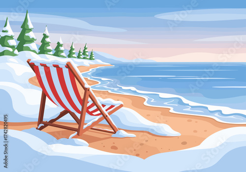 Snow on a beach lounger with a winter scene for a seasonal concept
