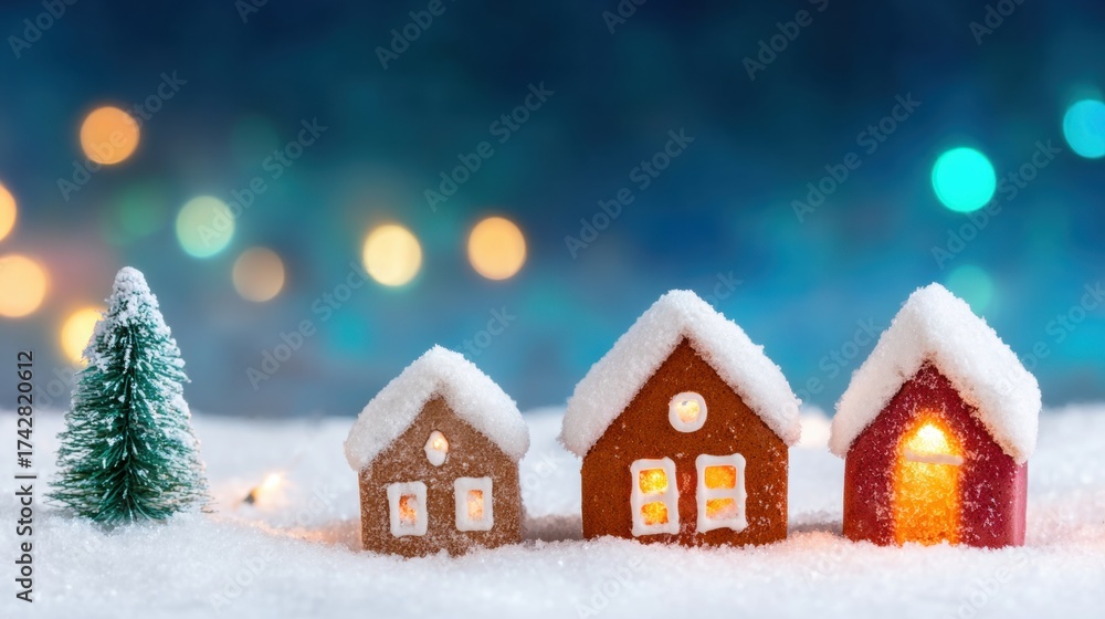 Fototapeta premium Snowy gingerbread houses with twinkling lights during winter season