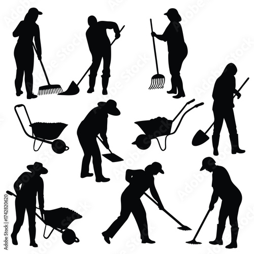 Silhouette collection of diverse individuals utilizing rakes, shovels, and wheelbarrows for gardening chores