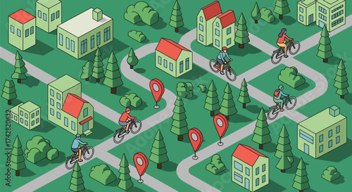 Isometric city map with cyclists and gps location pin illustration editable vector