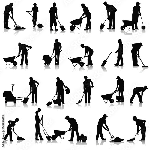 Silhouette collection shows varied manual workers with shovels, rakes, and wheelbarrows reflecting on surface