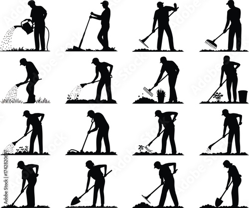 Silhouettes of people gardening and performing various outdoor tasks