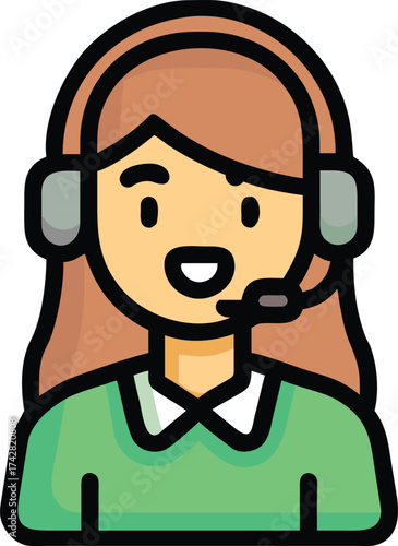 Smiling woman with brown hair wears headset and green top in avatar style