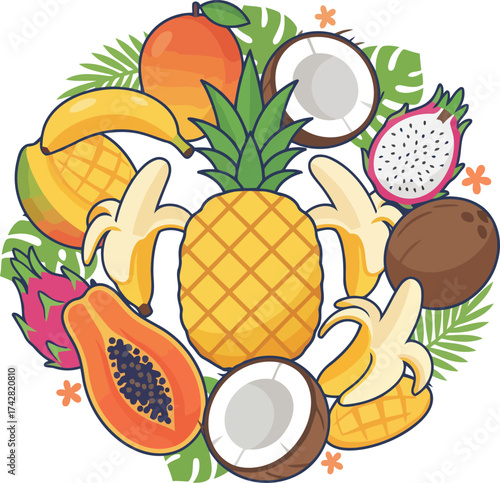 Modern tropical fruit circle vector illustration — creative arrangement of pineapple, mango, papaya, banana, coconut, and dragon fruit in a colorful flat design with soft gradients and clean outlines.