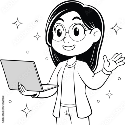 Smiling young woman in glasses holding laptop raises hand cheerfully in monochrome style