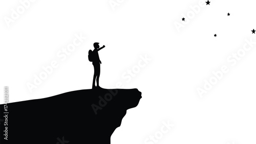 Silhouette of a man with a backpack pointing to the stars on a cliff vector illustration for travel and adventure concepts isolated on white
