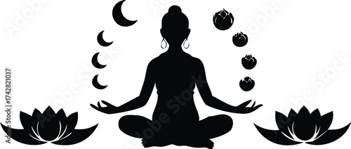 Silhouette of woman in lotus position moon phases and lotus flowers vector illustration for meditation and wellness concepts