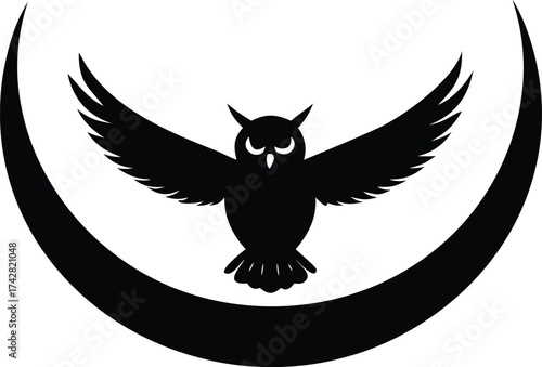 Silhouette of an owl with outstretched wings perched on a crescent moon vector illustration for logo or tattoo design isolated on white