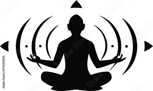 Meditating person in lotus position radiating energy waves vector silhouette for wellness and mindfulness concepts