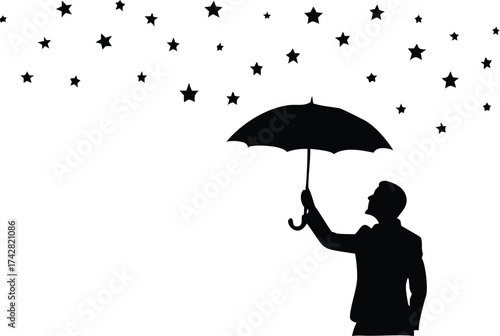 Silhouette of a man holding an umbrella under falling stars vector illustration for protection and guidance concepts isolated on white background