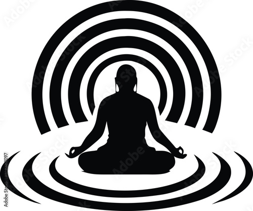 Silhouette of a meditating person in lotus position surrounded by concentric circles vector illustration for spiritual or wellness concepts