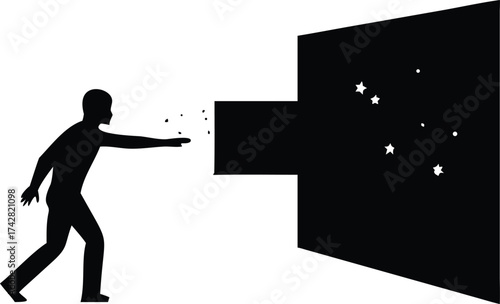 Silhouette of a man reaching into a portal to stars conceptual vector illustration representing ambition and exploration